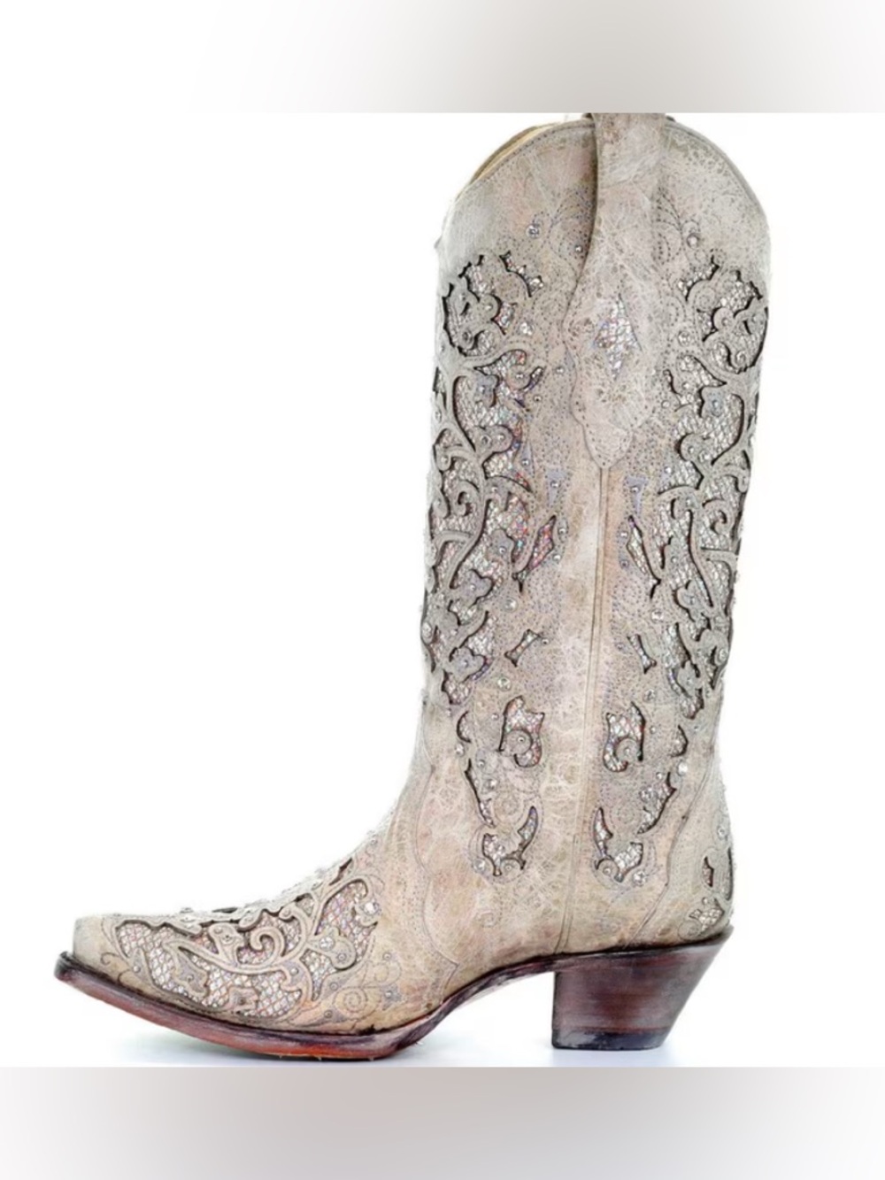 WESTERN Cream Cutout Embroidered Faux Leather Cowgirl Boots - Picture 3 of 7